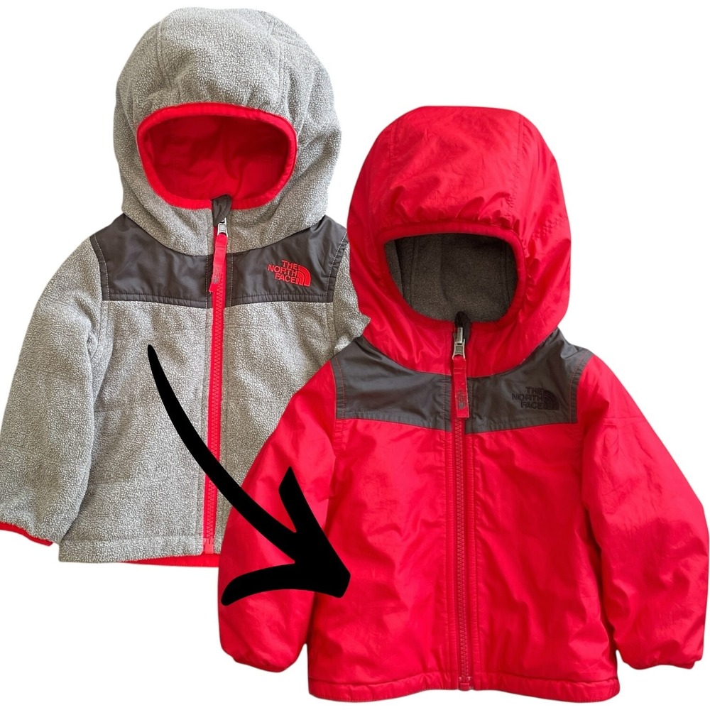 North Face Reversible Winter Coat Sz 12-18M Puffer Fleece Red Outdoor Snow Warm